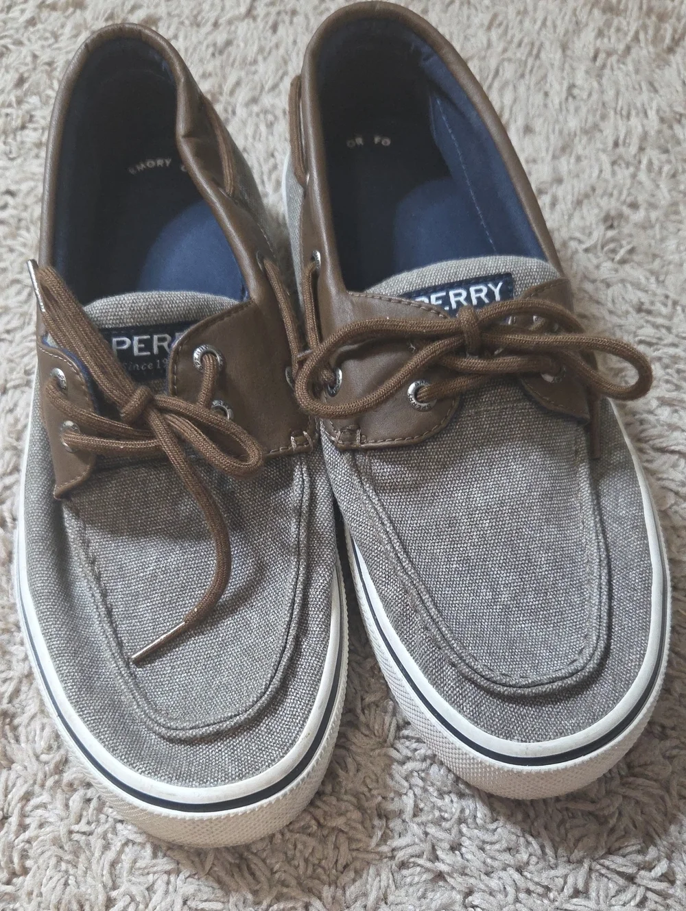 Sperry Men's Taupe Canvas and Brown Leather-Trim Boat Shoes, 9.5
